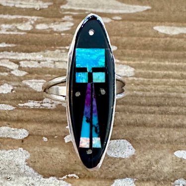 COLOR INVASION Gilbert Smith Inlay Navajo UFO Ring | Native American Southwestern Jewelry | Silver, Turquoise Jet Opal |  Size 9 