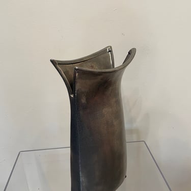 Folded Mid-Century Clay Vase - Handmade with Silver Glaze 