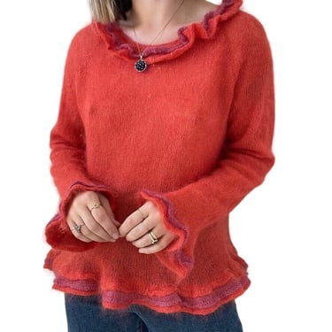 Hand Knit Womens Red Pink Sheer Sexy Silk Mohair Fluffy Ruffle Sweater Sz M 