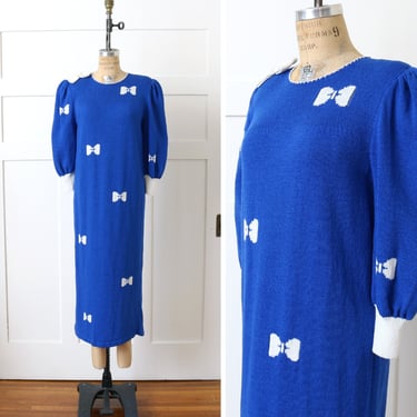 vintage 1990s bows knit dress • electric blue puff sleeve sweater dress 