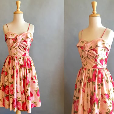 1950s Party Dress / Rose Print Dress / Garden Party Dress / Size Extra Small 