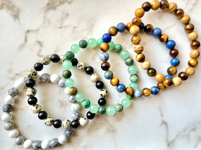 Alternate Energy Gemstone Beaded Bracelet, Mixed Beads, Tigers Eye, Green Aventurine, Woodgrain Jasper, Black Agate, African Turquoise, Gift 