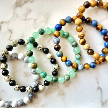 Alternate Energy Gemstone Beaded Bracelet, Mixed Beads, Tigers Eye, Green Aventurine, Woodgrain Jasper, Black Agate, African Turquoise, Gift 