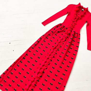 1970s Crissa Ruffled Red Knit Dress 