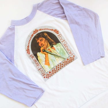 Vintage 1975 Rod Stewart T Shirt S M - 70s Glitter Iron On Transfer Long Sleeve Shirt - Lavender Purple Baseball Shirt 