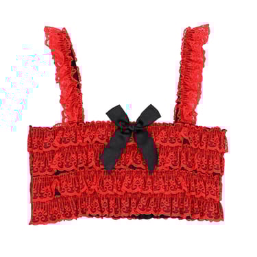 Red & Black Ruffled Bow Cropped Tank Top Size Small Square Neckline Top Cottagecore Tank Summer Bow Top Going Out Stretchy Lace Top 