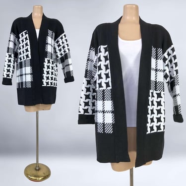 VINTAGE 80s Geometric Black & White Checker Cardigan Sweater by Sweater Bazaar | 1980s Oversized Open Front Sweater Jacket Jumper | VFG 