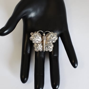 Lovely 70's Portugal lacy sterling butterfly brooch, ornate 925 silver filigree winged insect pin 