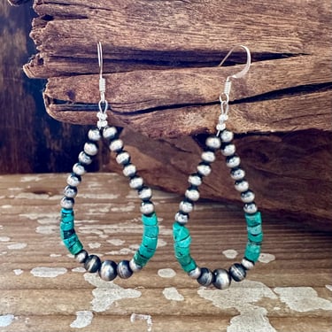 DINE'H NATIVE ARTS Turquoise Sterling Silver Earrings | Beaded Jewelry | Dangle Drop Earrings | Silver and Turquoise Beads | Navajo Jewelry 