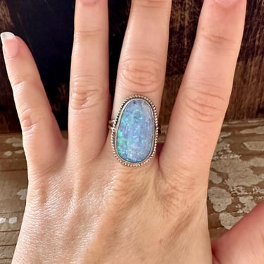 OPAL MOON BEAM Sterling Silver and Lab Opal Ring | Navajo Style Handmade Southwestern Jewelry | Size 8 