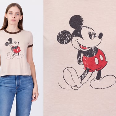 90s Mickey Mouse Ringer T Shirt - Medium | Vintage Disney Cartoon Cropped Graphic Tee 