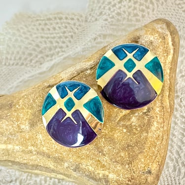 Vintage 80s Earrings, Big Statement Jewelry, Enamel Abstract, Artistic, Purple and Green, Studs Pierced 