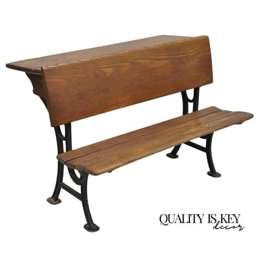 Antique Victorian Wood & Cast Iron Children's School Desk w/ Folding Bench Seat