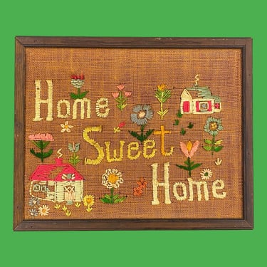 Vintage Home Sweet Home Crewel 1960s Retro Size 15x18 Mid Century Farmhouse + Handmade + Flowers + Embroidery + Housewarming + Wall Decor 