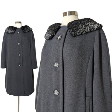 Vintage Gray Wool Coat with Persian Lamb Collar, Large, Classic Mid Century 60s Dress Coat, Mad Men Style Tent Coat 