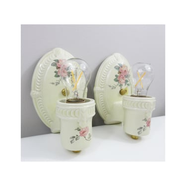Refurbished Art Deco Wall Sconces for Bath - Pair - 1930's 1940's - Ivory with Floral Design - Pink Roses - Rewired for Hard Wire Use 
