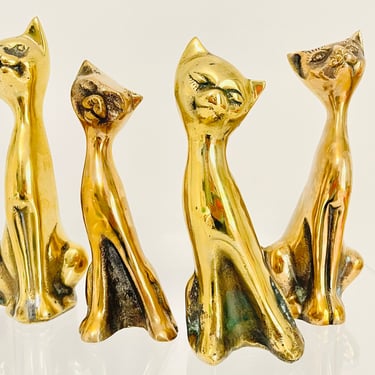 Vintage 1970s Groovy Retro Solid Gold Brass Long Neck MCM Siamese Cat Figurines LOT 