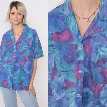Watercolor Floral Blouse 90s Button Up Shirt Purple Pink Teal Short Sleeve Top Flower Print Collared Vintage 1990s Oversized Large L 