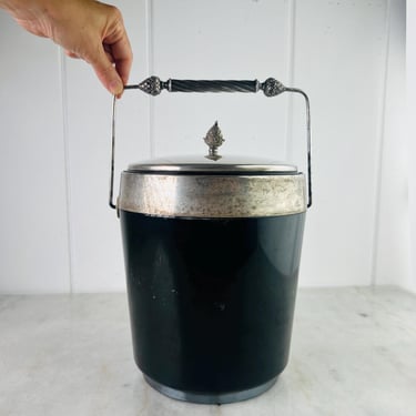 Vintage Reed and Barton Lidded Ice Bucket Silver plate and Black Bakelite Acorn decor on lid and handles for retro bar man cave wedding gift 