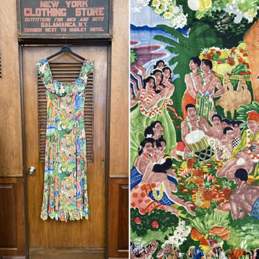 Vintage 1940’s Eugene Savage Rayon Kamehameha Menu Print Natives Hawaiian Dress, Tiki, Tropical, Hawaiian, Kamehameha, Eugene Savage, 1940s 