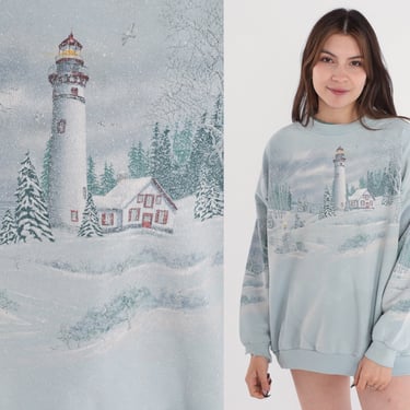 Winter Lighthouse Sweatshirt 90s Snowy Forest Sweater Retro Trees Snow Graphic Pullover Layered Crewneck Green Vintage 1990s Extra Large xl 