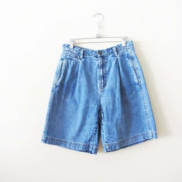 Vintage 90s Womens Long Denim Mom Shorts 28 S M  - 1990s High Waist Pleated Blue Jean Shorts - Preppy Bermuda Walking Shorts 