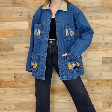 90's Embroidered Cats Denim Chore Coat 