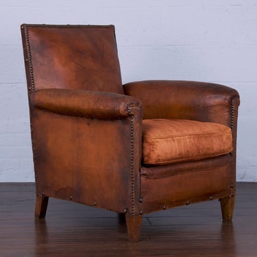 1930s French Art Deco Club Chair W/ Original Brown Leather 
