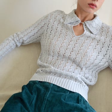 collared pointelle icy blue knit sweater 