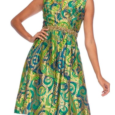 1960S Blue & Green Gold Lamé Rayon/Lurex Damask Paisley Cocktail Dress 