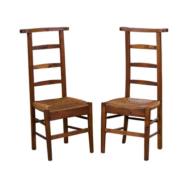 Antique Country French Provincial Ladder Back Oak Praying Chairs W/ Rush Seats - A Pair 