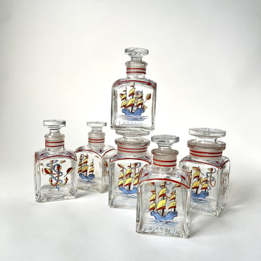 Vintage Apothecary Glass Bottles Hand Painted with Sailboats 