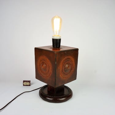 Large  moody lamp, old leather table lamp, vintage lamp upholstered in leather, primitive night lamp, HandMade retro lamp, leather lamp base 