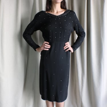 1940's Black Dress / Vintage Cocktail Dress with Rhinestones Dress / Small 