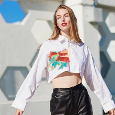 White Red Abstract Hand Painted Cropped Embroidered Blouse Vintage Painting Handmade Upcycled Crop Top 