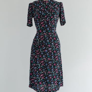 Early 1940's WWII Era Rayon Novelty Print Dress With Puffed Sleeves &amp; Pocket / Small