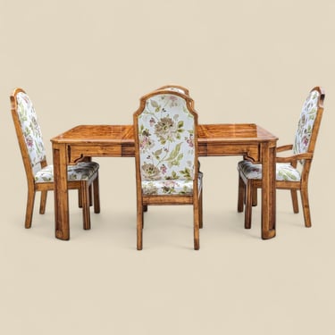 Vintage Burl Wood Dining Set with 4 Chairs, Mid Century Modern, Floral Upholstery you 