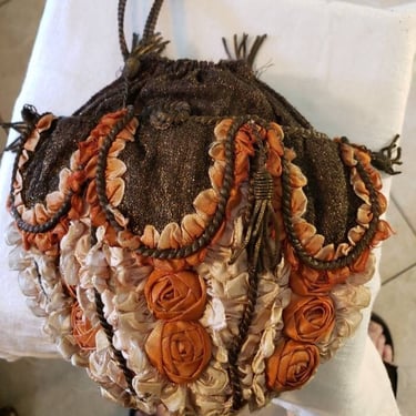 Darling Antique Wrist Strap Drawstring Bag w/Floral Fabric Appliques 