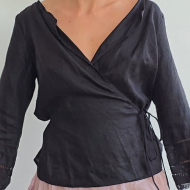 Black Wrap Linen Blouse (L)