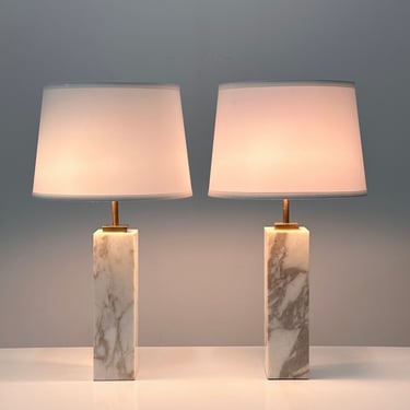 Vintage Pair Marble and Brass Table Lamps by TH Robsjohn Gibbings for Hansen New York 1950s Mid Century Modern 