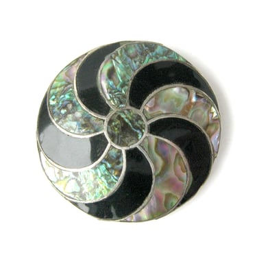 Large Abalone and Sterling Silver Brooch and Pendant, Swirling Starburst Design, Mother of Pearl Mexico Pin, Handcrafted Sterling Jewelry 