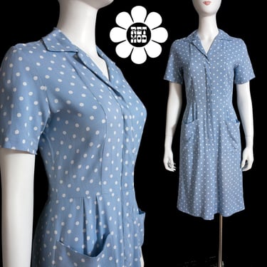 So Cute Vintage 60s Light Blue & White Polka Dot Day Dress with Pockets 