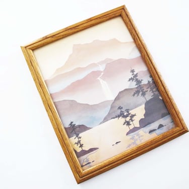 Vintage 80s Small Mountain Forest Lake Landscape Art Print - 1980s Wood Frame Soothing Peaceful Sunrise Nature Wall Art 