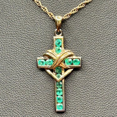 Sterling Silver Crystal Cross Pendant Necklace Vintage Green Stone Religious 