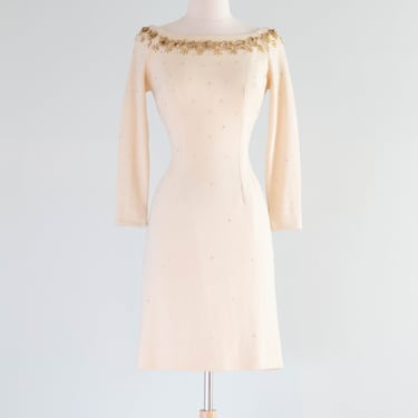 Stunning 1950's Ivory Knit Beaded Wiggle Dress From Nicholas Ungar / Small