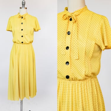 1970s Dress Polka Dot Shirtwaist Full Skirt Bow S 