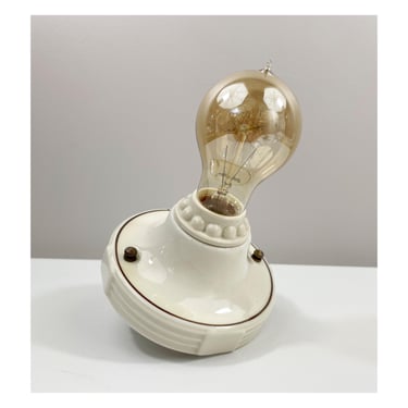 Refurbished Bare Bulb Flush Mount Porcelier Porcelain Fixture - Deco Era - Ivory with Thin Brown Line - Ready to Hang 