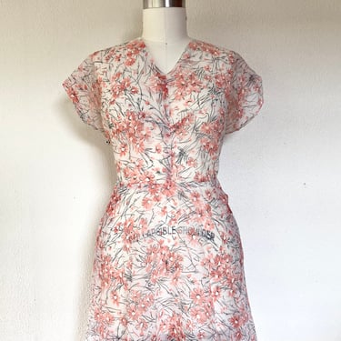1940s White and peach floral nylon dress 