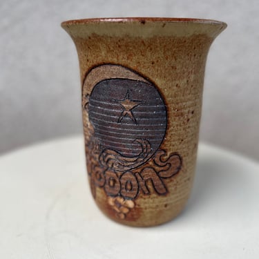 Vintage boho kitsch spoons brown jar holder by Son Shine Pottery 1978 