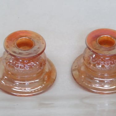 Federal Glass Madrid Carnival Iridescent Marigold Candle Holders a Pair 3346B